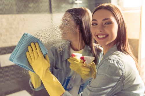 Window cleaner working on residential glass, frames, and sills in Hounslow