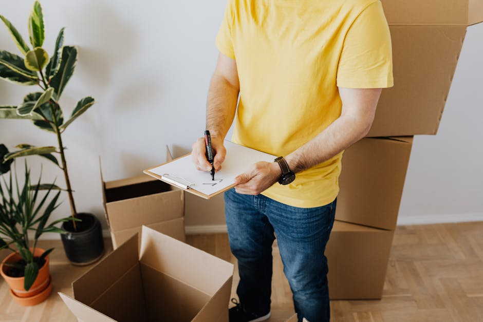 A person wearing a yellow T-shirt and blue jeans is holding a clipboard and writing with a black marker. They are surrounded by several large, stacked cardboard boxes in a room with wooden flooring. To the left, there are two potted houseplants, one with broad green leaves in a black pot and another with long, spiky leaves in an orange pot. The room is well-lit, with neutral-colored walls, and appears organized for a cleaning or moving-related activity. The setting suggests a focus on residential or commercial cleaning, aligning with services offered by Hounslow Cleaners as part of a deep cleaning or end-of-tenancy sanitisation process.